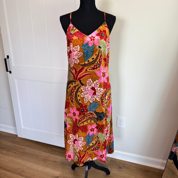 FARM Rio Dresses & Skirts - FARM Rio Banana Floral Velvet Midi Dress Small Orange Pink Tropical Slit Slip S